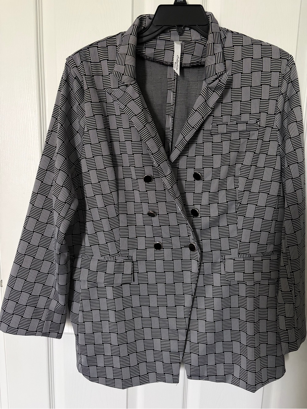 NY Collection Black and White Patterned Double-Breasted Blazer